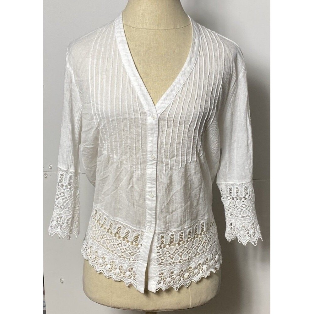 Silkland White Blouse With Crochet Trim Size L